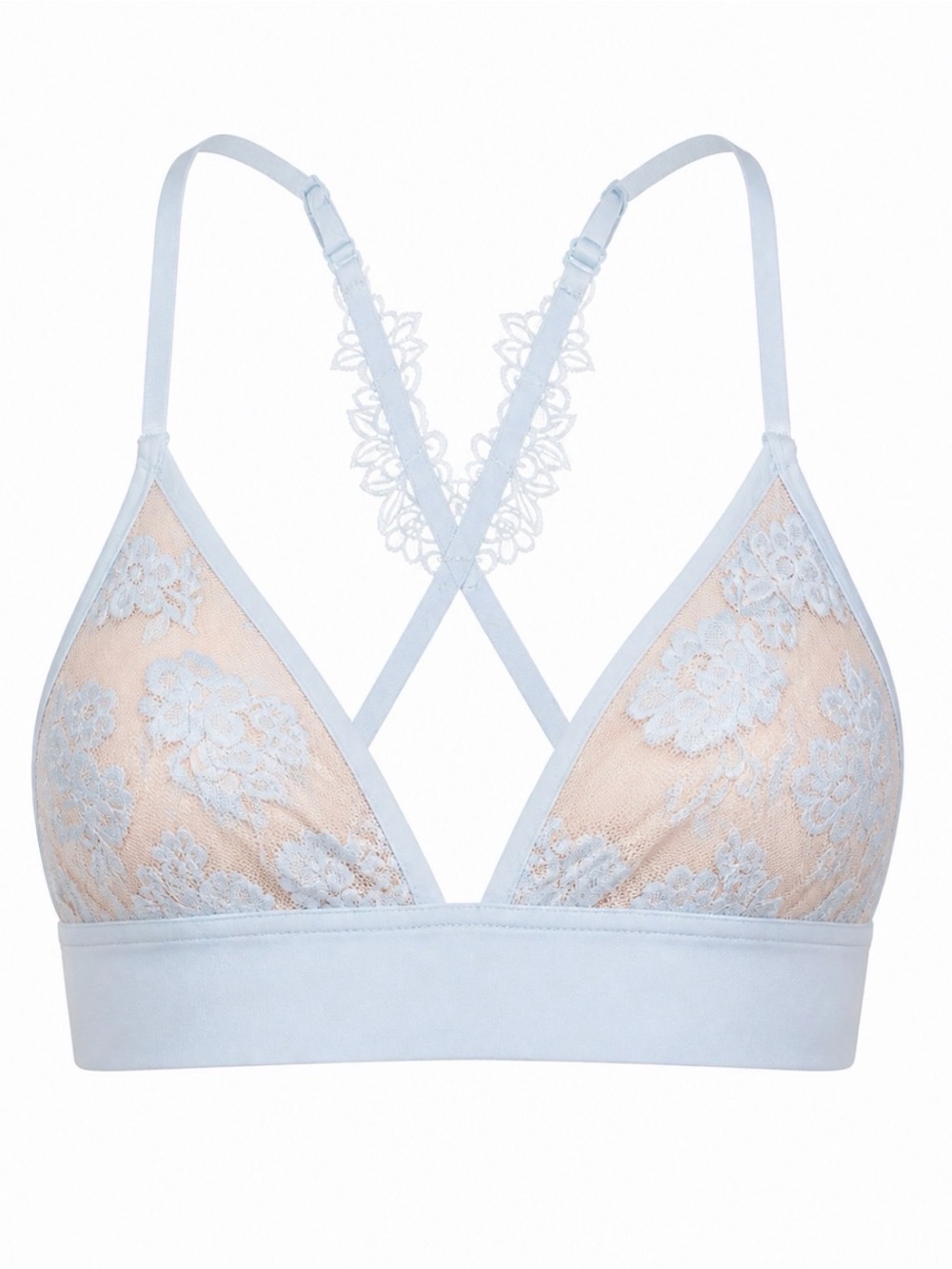 PINK Victoria's Secret Pale Blue Lace Triangle Bralette with Nude Lining. Size L